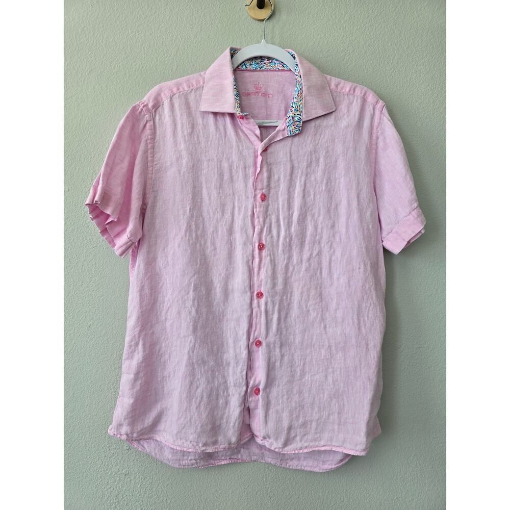 Bertigo Men’s S Pink 100% Linen Short Sleeve Button Up Shirt Summer Casual Smart